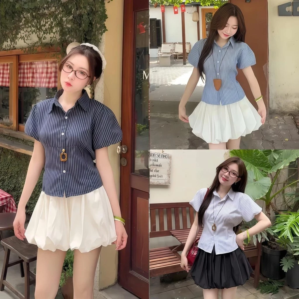 เสื้อเชิ้ตแขนพัฟผู้หญิง พิมพ์ลายทาง ทรงกระแทกด้านบน หลากหลายสี ผ้าผสมคอตตอนและลินินเนื้อนุ่ม สไตล์เซ็กซี่และสวมใส่ง่าย