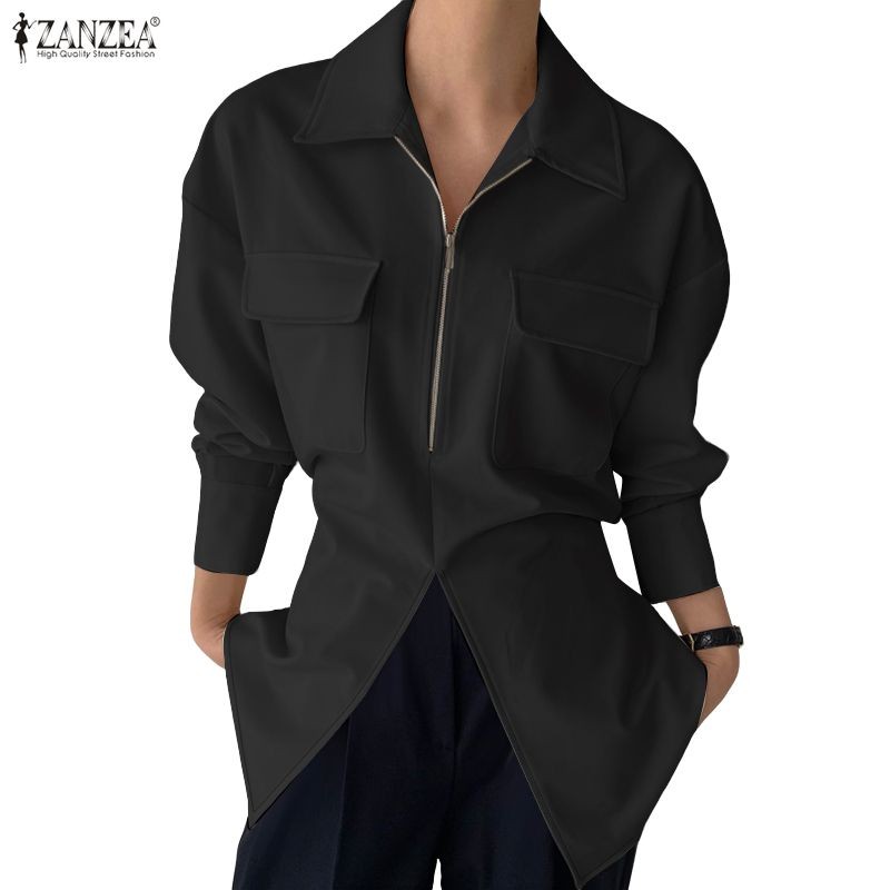 ZANZEA ซานเซีย ผู้หญิงเกาหลีแฟชั่นปกซิปแขนยาวไม่สม่ําเสมอ มิ้ม กระเป๋าสีทึบเสื้อ