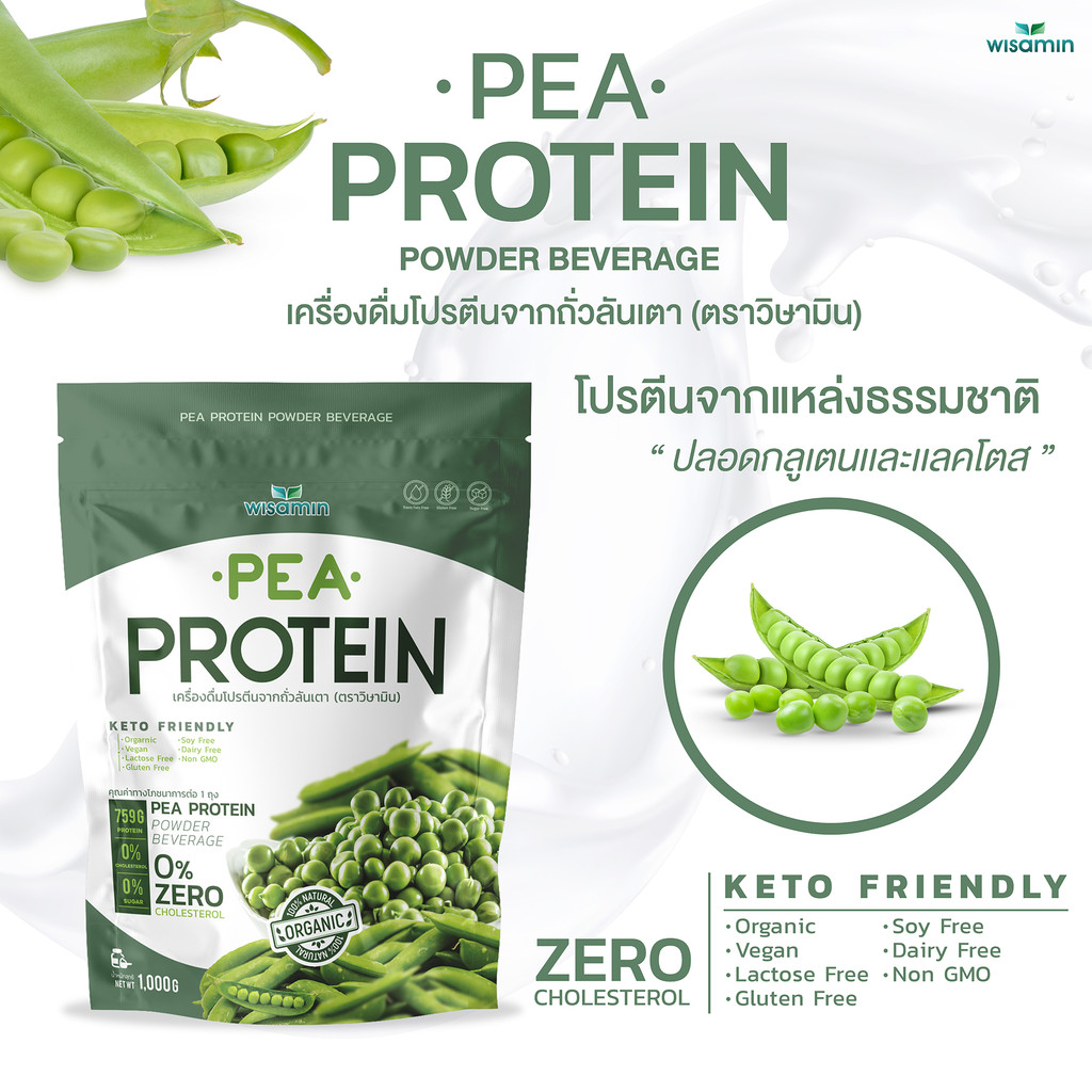 PEA PROTEIN ISOLATE โปรตีนจากถั่วลันเตา 100% ออแกรนิค (ตราวิษามิน) ปลอด GMO วีแกน จำนวน 1 ถุง 1,000 กรัม