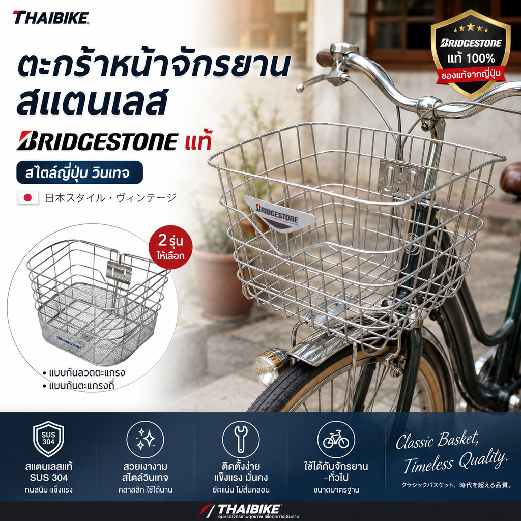 ตะกร้าหน้าจักรยานสแตนเลส BRIDGESTONE แท้ สไตล์ญี่ปุ่น วินเทจ พร้อมชุดติดตั้ง