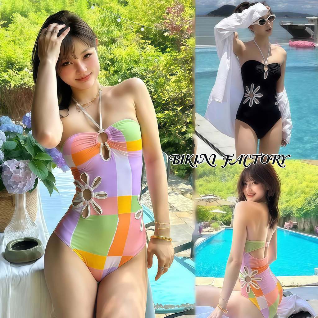 ชุดว่ายน้ำวันพีช ชุดว่ายน้ําแฟชั่น one piece beachwear ผูกคอ มีฟองน้ำ ผ้าแห้งเร็ว มีไซส์ M-XL | น้ำหนัก 40-65 กก.Y142