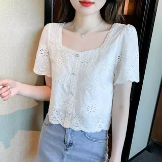 mimi-เสื้อคอเหลี่ยมกลวงออก เสื้อเชิ้ตแขนสั้นผู้หญิงแบบเจาะรู แฟชั่นฤดูร้อน สีขาวหวานๆ ดูดีและช่วยให้ดูผอมเพรียว#99291