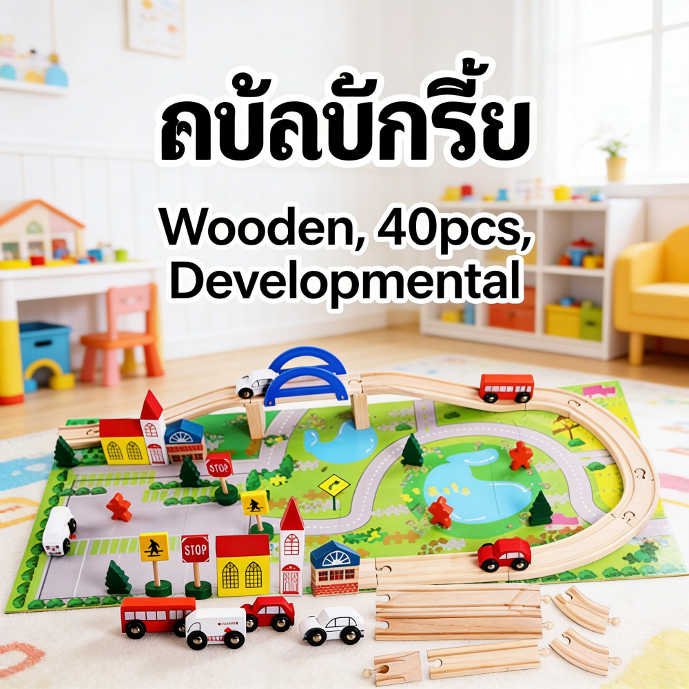 ของเล่นต่อชิ้นรางรถไฟไม้ 40 ชิ้น ตัวต่อไม้เสริมพัฒนาการจินตนาการสำหรับเด็ก