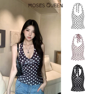 MOSESQUEEN เสื้อกล้ามคล้องคอลายจุดความปรารถนาบริสุทธิ์ในรูปแบบใหม่สําหรับใส่ด้านนอก - เสื้อโชว์สุดเซ็กซี่สําหรับเด็กผู้หญิง #63734