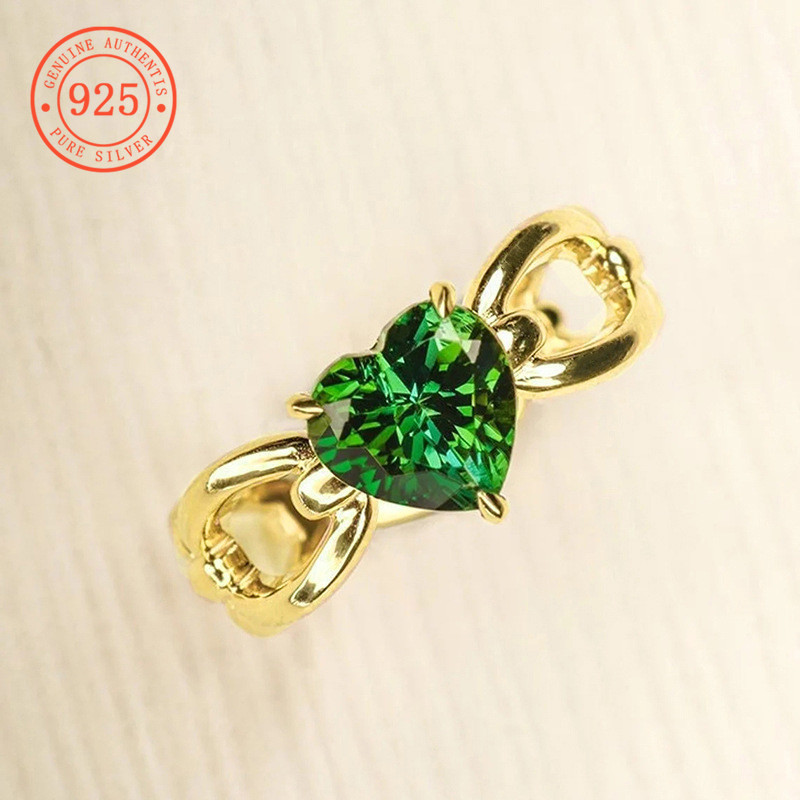 SHEFULI 18k Gold Classic Stylish Green Diamond แหวนเรขาคณิตรูปหัวใจ CSX1530