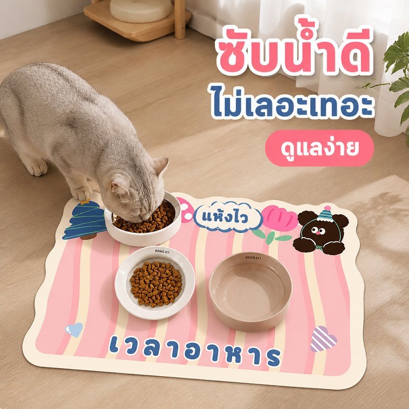 แผ่นรองจานสัตว์เลี้ยง แผ่นรองอาหารหมาแมว กันน้ำหก ซับน้ำเร็ว กันลื่น แห้งไว ลายการ์ตูน เช็ดง่าย