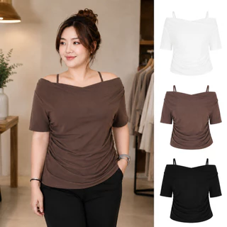 เสื้อเปิดไหล่ผู้หญิงไซส์ใหญ่ ผ้าร่องใหญ่ เอวจั้ม ทรงเข้ารูป พรางหุ่น เนื้อนุ่ม ใส่สบาย สาวอวบ เสื้อแฟชั่นเกาหลี tb7774#