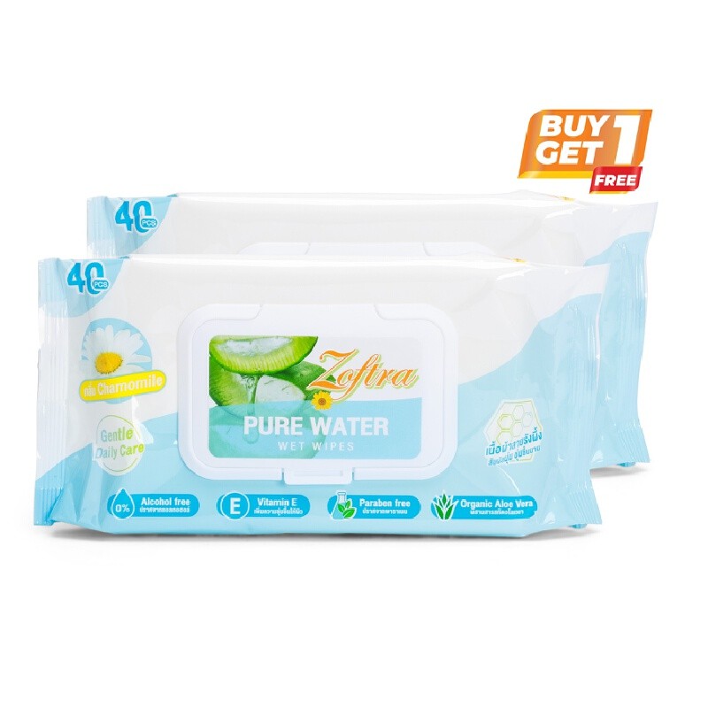 ZOFTRA ทิชชูเปียก 99% เพียว วอเตอร์ สูตรออร์แกนิก อโลเวร่า กลิ่นคาโมมายล์ 40 แผ่น แพ็ค 1+1
