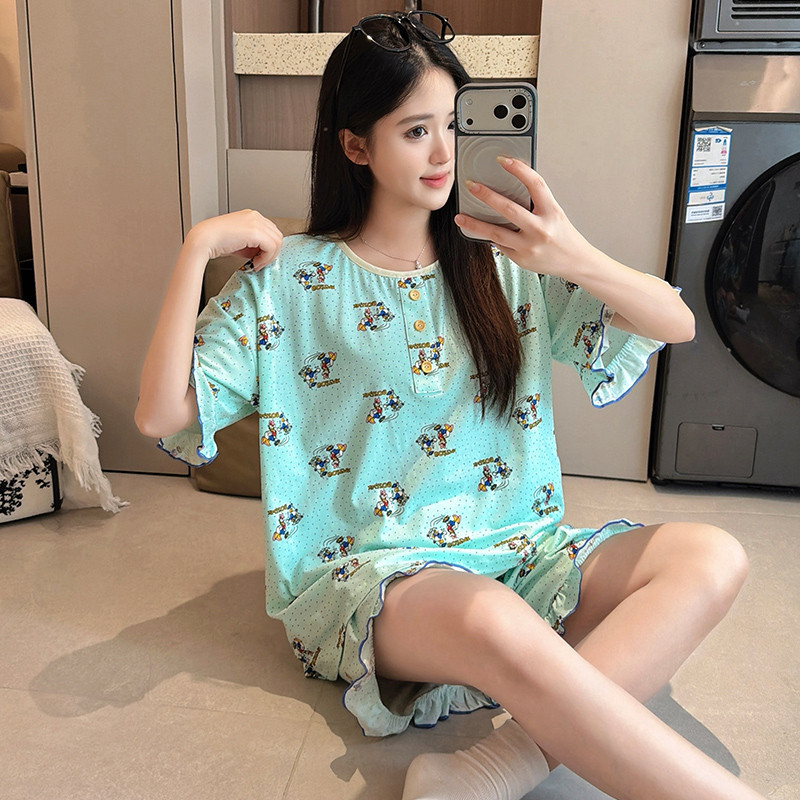 3XL-6XL ชุดนอนขนาดบวกผู้หญิง ชุดนอนผ้าฝ้าย 100% ฤดูร้อนแขนสั้นชุดนอน Wom