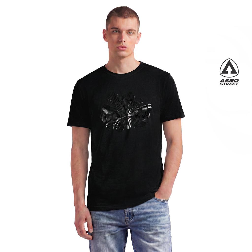 Aerostreet เสื้อยืดปกติยังคง Woozy สีดําผู้ชายเสื้อยืด Gloss Emboss Series ผ้าฝ้ายหวีพรีเมี่ยม Unisex Casual Streetwear สวมใส่ทุกวัน