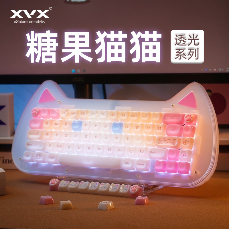 X XVX Candy Cat Cat Keycap Muppet Cat Cute Keycap Glossy PC โปร่งแสงแกะสลัก MAO + MOA คีย์บอร์ดแบบกล