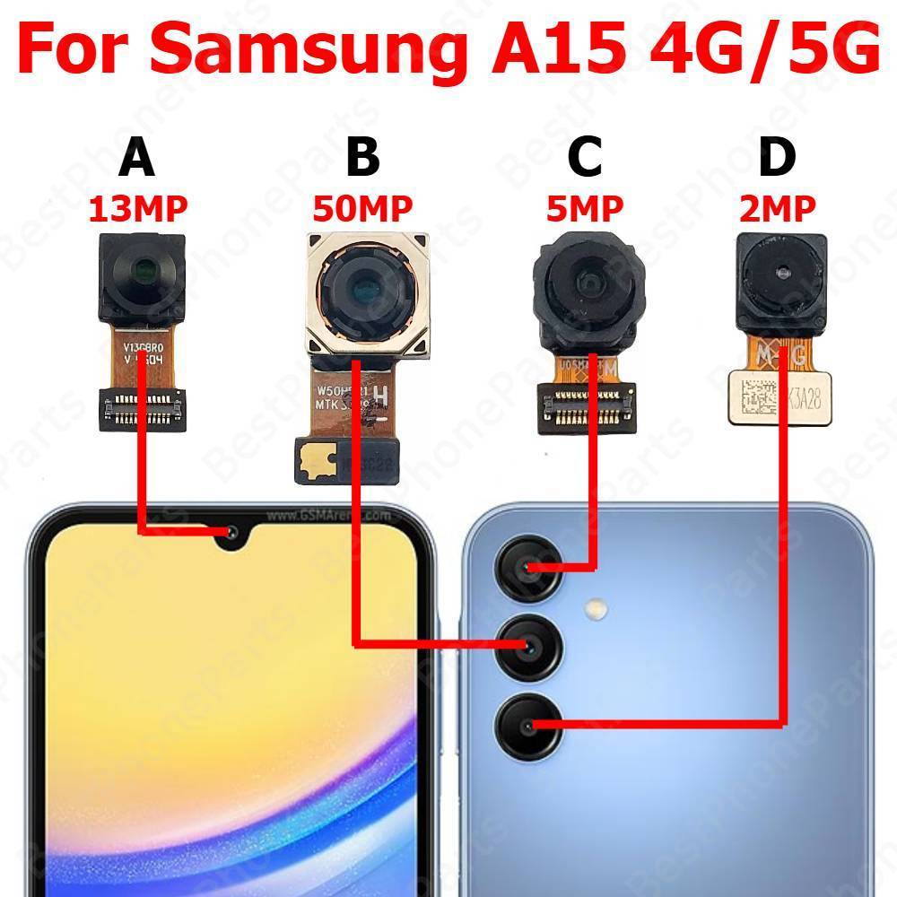 SAMSUNG กล้องด้านหน้าด้านหลังสําหรับSamsung A15 4G 5G A155 A156 Backside Facing Frontal Selfieกลับโมดูลกล้องอะไหล่โทรศัพท์มือถือ