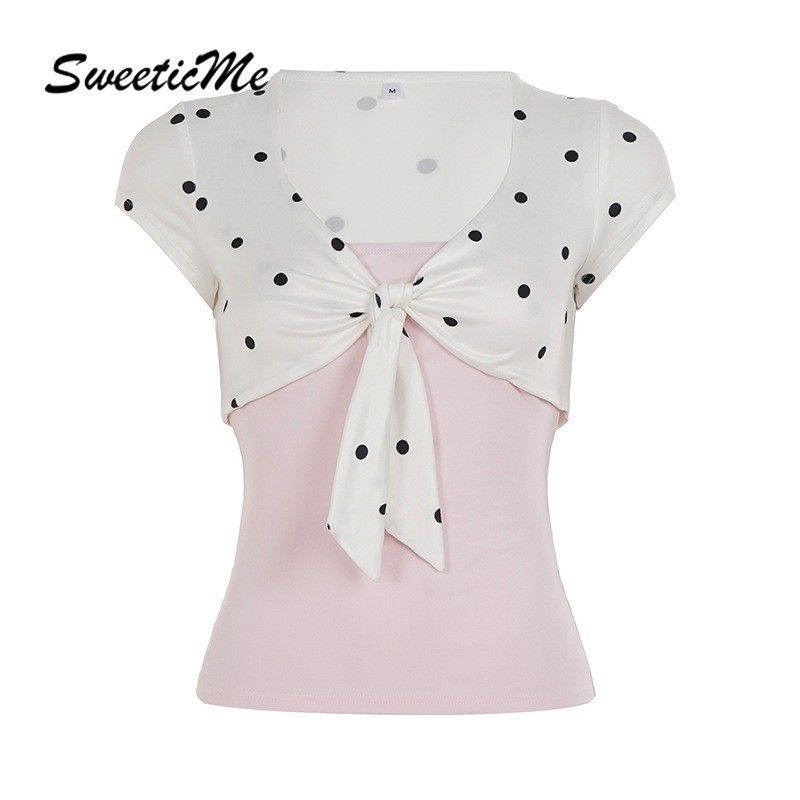 SweeticMe เสื้อสตรี 2026 ใหม่แฟชั่นลายจุด Contrast Color Knot Lacing เสื้อยืดแขนสั้นชุดสองชิ้น