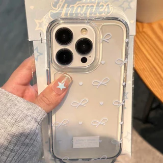 For iPhone 16 เคสใส ปุ่มชุบไฟฟ้าอ่อนป้องกันกล้องกันกระแทก โบว์สีฟ้าน่ารัก เข้ากันได้กับ iPhone 14 13 15 16 11 12 Pro Max