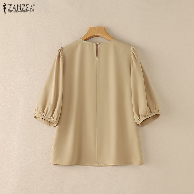 ZANZEA ผู้หญิงเกาหลีอ่อนโยนลูกเรือคอโคมไฟแขน Pleats Splicing สีทึบ A-Line เสื้อ — صورة 8
