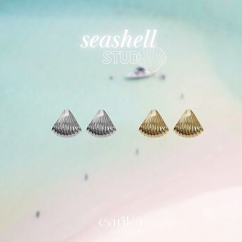 earika.earrings - seashell stud ต่างหูแป้นก้านเงินแท้ชุบทองคำขาว/ทองลายเปลือกหอย (มีให้เลือก 2 สี) ผิวแพ้ง่ายใส่ได้