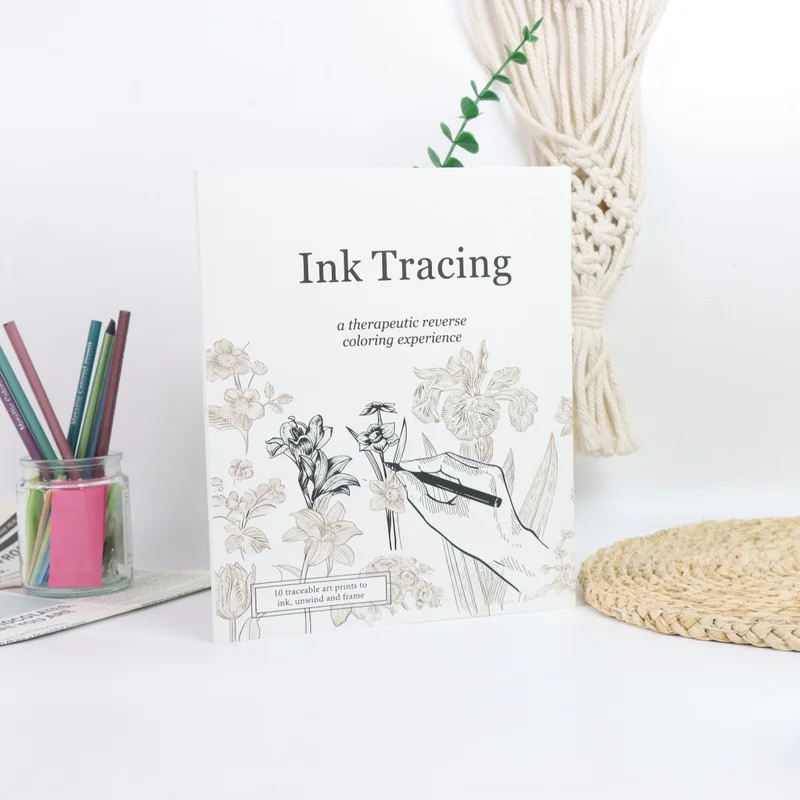 Ink Tracing: สมุดระบายสีย้อนกลับบําบัดสําหรับผู้ใหญ่ - 10 ศิลปะดอกไม้พิมพ์เพื่อร่องรอย, Ink & Frame หนังสือกิจกรรมผ่อนคลาย