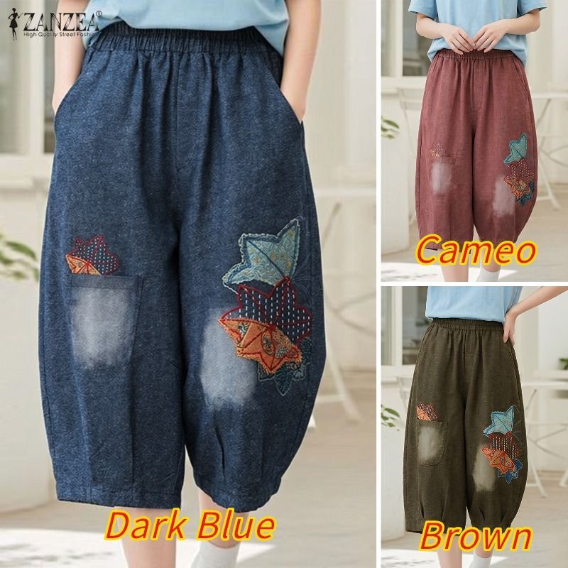 ZANZEA ใส่ ซานเซีย ผู้หญิงเกาหลีวินเทจสบายๆเอวยางยืดพิมพ์กราฟิกผ้ายีนส์ตัดโคมไฟกางเกงขาสั้น — صورة 3