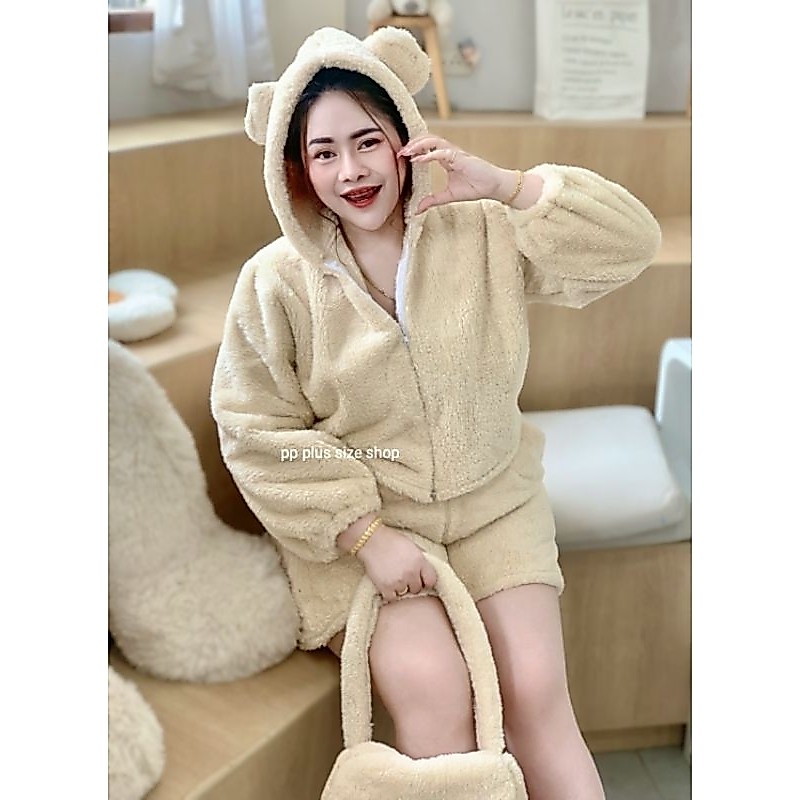 พร้อมส่งชุดหมีไซส์ใหญ่ เซ็ทสามชิ้นอก 38-50 เสื้อ กางเกง กระเป๋า