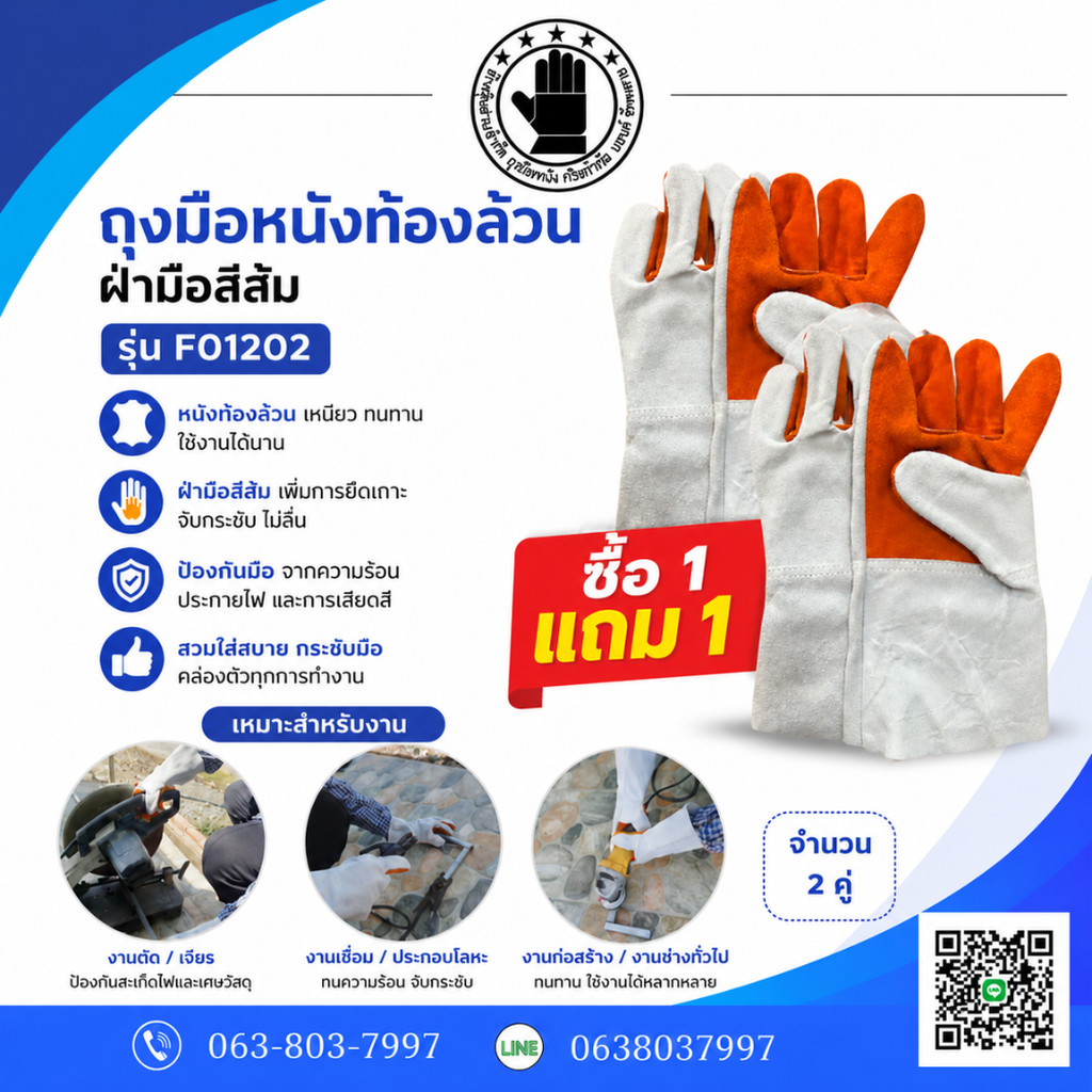 ถุงมือหนัง ถุงมือหนังแท้ ถุงมือหนังท้อง ยาว 12 นิ้ว F01202 ถุงมือหนังช่างเชื่อม ถุงมือหนังงานช่าง ถุงมือโรงงาน ถุงมือ...
