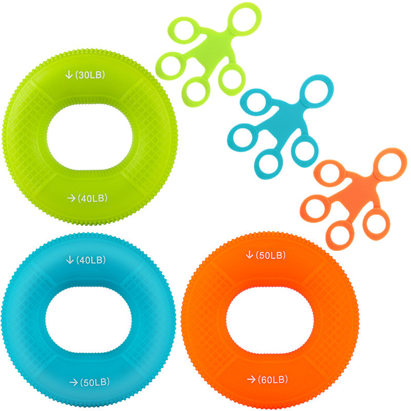 ฟิตเนสออกกําลังกายเครื่องมือซิลิโคน Humanoid Finger Tensioner Dual Strength Palm Training Grip Ring Set