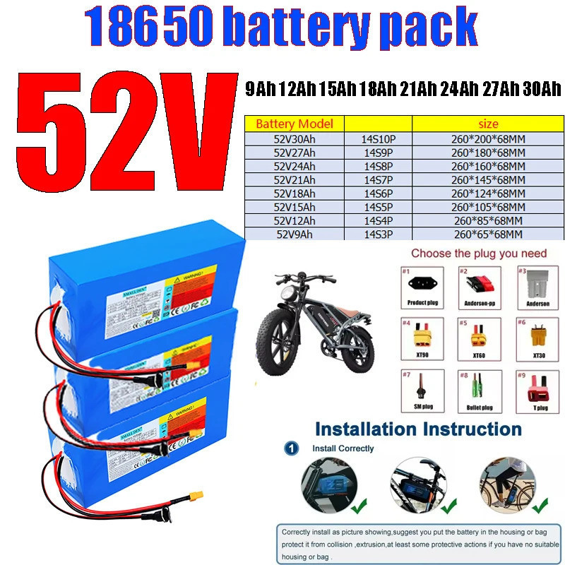 52V30Ah27Ah24Ah21Ah18Ah15Ah12Ah 9Ah 18650 14S10P/3P แบตเตอรี่ลิเธียมไอออนพร้อม 30Ah BMS ชาร์จเครื่อง