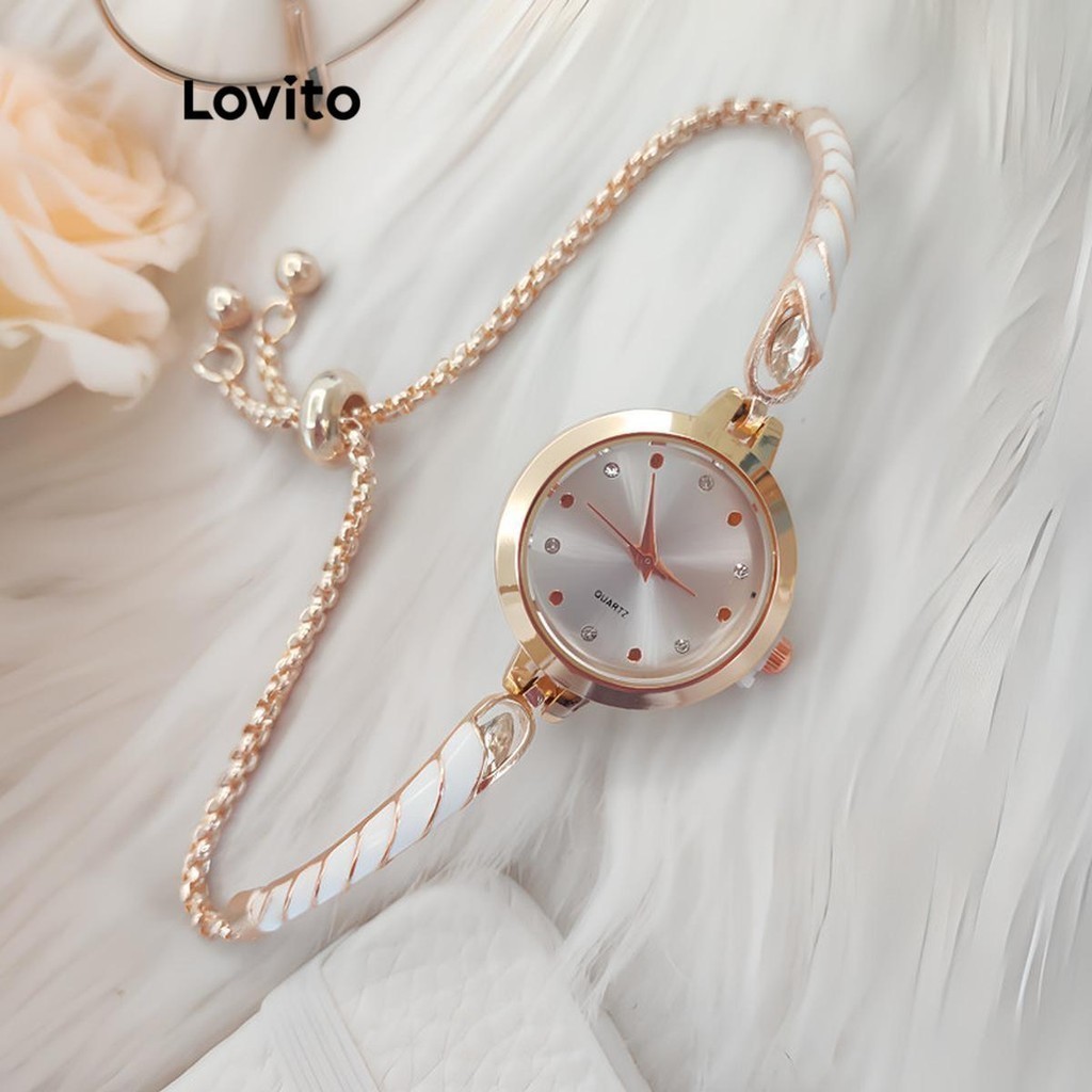 Lovito สง่างาม นาฬิกาควอทซ์ที่ธรรมดา พลอยเทียม น้ําหยดเคลือบนาฬิกาควอตซ์สําหรับผู้หญิง LFA30366