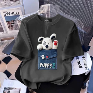 Y-T🔥พร้อมส่ง เสื้อยืด oversize ผ้าฟอกวินเทจ ผ้าฝ้ายแท้ใส่สบาย ไม่แตกเมื่อซัก ลาย "Pocket puppy"