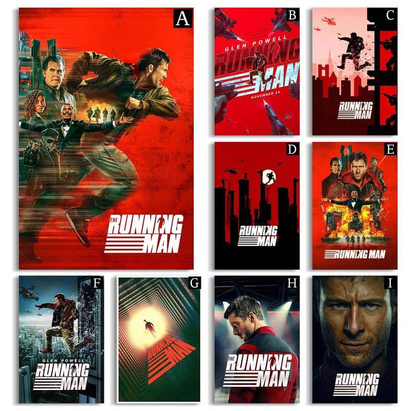 9 ชิ้น Running Man Canvas Wall Art ชุด Glen Powell Action ภาพยนตร์โปสเตอร์คอลเลกชัน Gallery Wall Dec