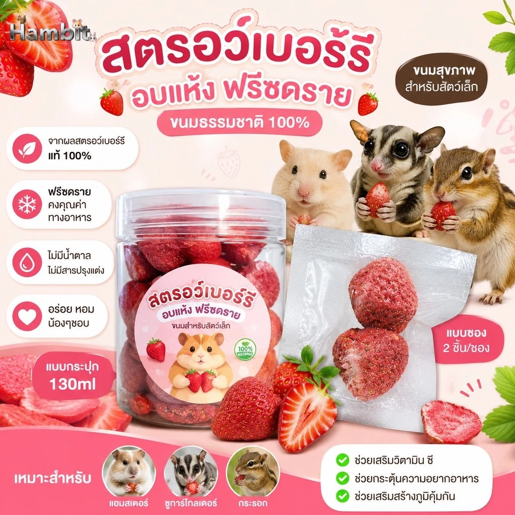 Hambit. สตรอว์เบอร์รี่ฟรีซดราย ขนมสัตว์เลี้ยง 100% ขนมแฮมสเตอร์ ชูการ์ไกลเดอร์ กระรอก ไม่เติมน้ำตาล