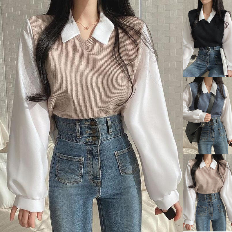 NINGFASHION เสื้อเชิ้ตเเขนยาวผู้หญิง เสื้อคอปก รุ่น W6890