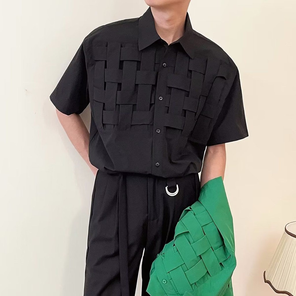 W ทอเย็บเสื้อแขนสั้นผู้ชายญี่ปุ่นสีทึบ Street สวมใส่ High-End อินเทรนด์หลวมที่ไม่ซ้ํากัน Casual เสื้