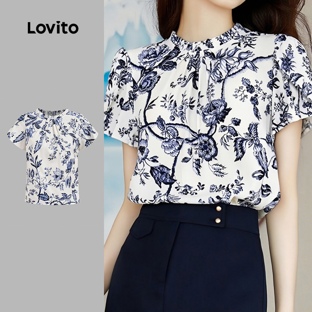 (New) Lovito เสื้อเชิ้ตแฟชั่นลายดอกไม้พับลื่นสำหรับผู้หญิงช่วง Spring/Summer L150ED360