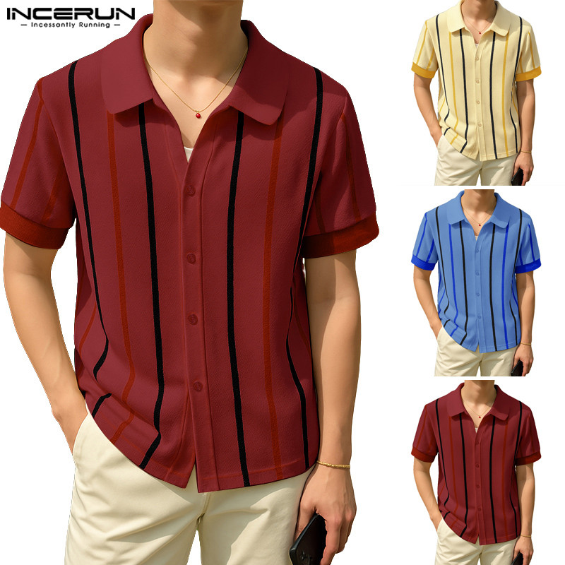 เสื้อเชิ้ตแขนสั้นลายทางหลายช่อง สไตล์แฟชั่นสำหรับผู้ชาย