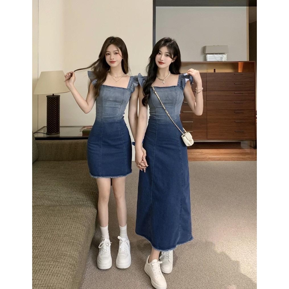 เดรสยีนส์ MAY23011 เดรสยีนส์แขนระบายสีไล่ระดับสียีนส์ ทรงเข้ารูป มีแบบสั้นและยาว Outfits ผู้หญิง