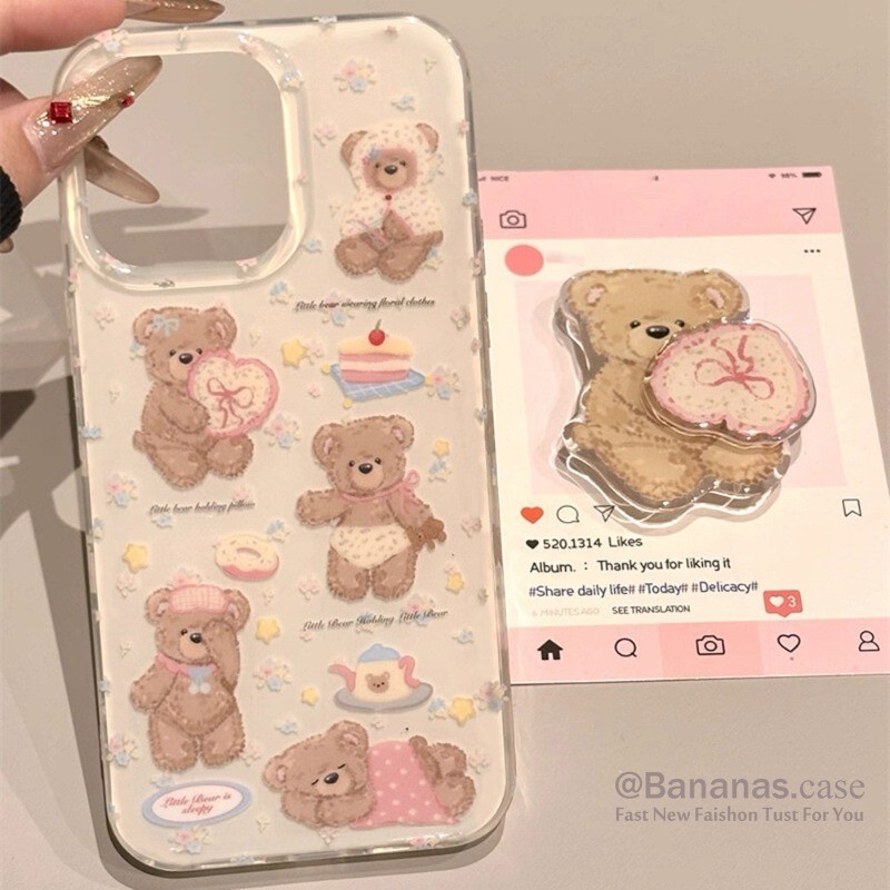 น่ารัก Sweet Love Heart Bear + Stand เคสโทรศัพท์สําหรับ iPhone 17 16 15 14 13 12 11 Pro Max X Xr Xs Max 7 8 Plus SE2020