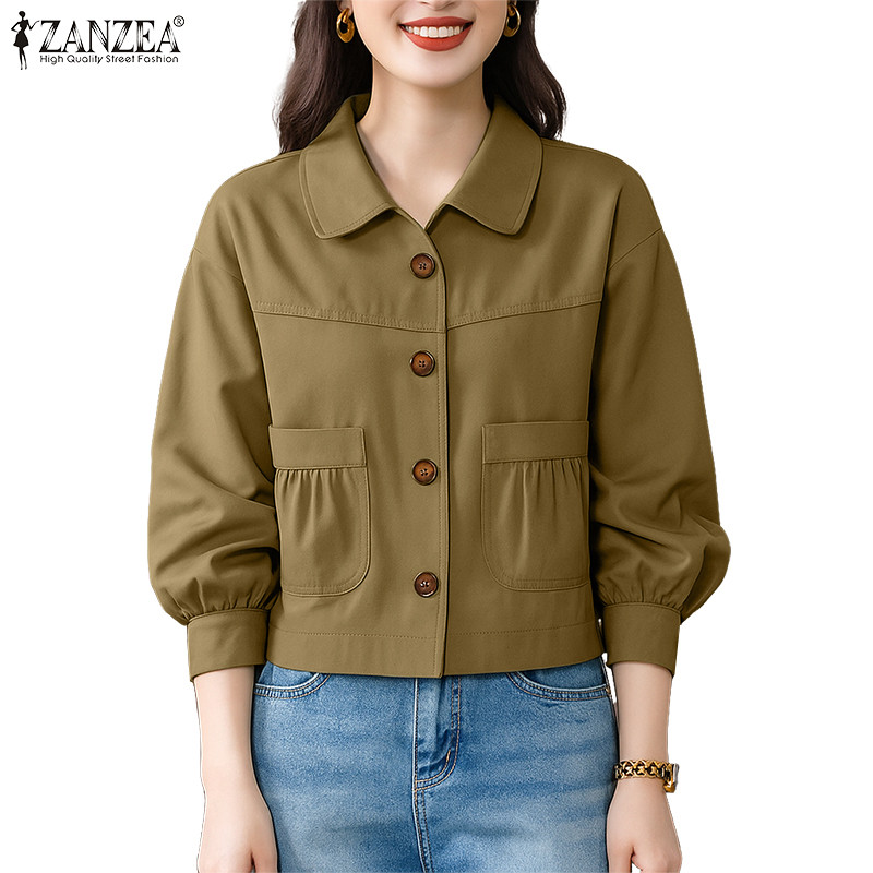 ZANZEA เสื้อแจ็คเก็ตแขนยาว แบบเกาหลีมีกระเป๋าและแพทช์ สไตล์แฟชั่นสำหรับวันสบายๆ