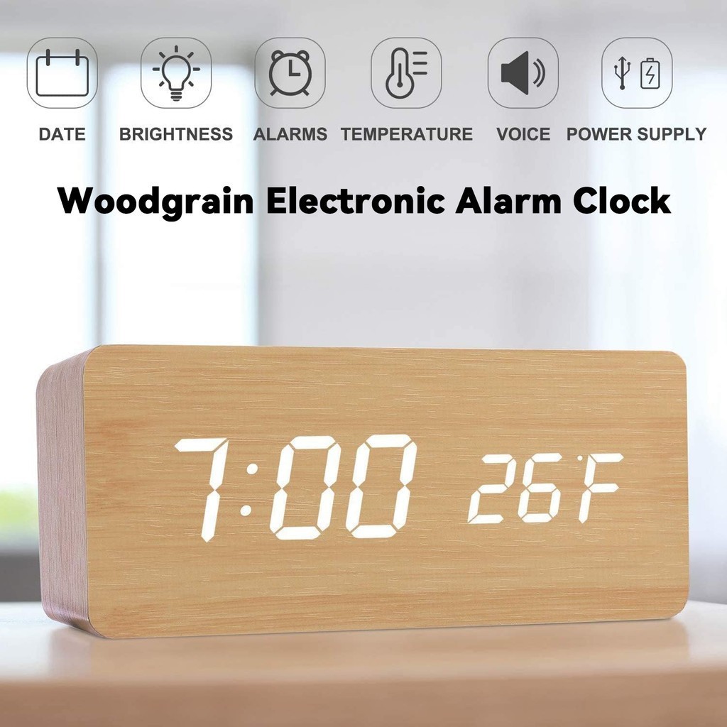 ✔[🇹🇭พร้อมส่ง🎁]LED เนื้อไม้ นาฬิกาปลุก การควบคุมเสียงอัจฉริยะ Alarm clock03