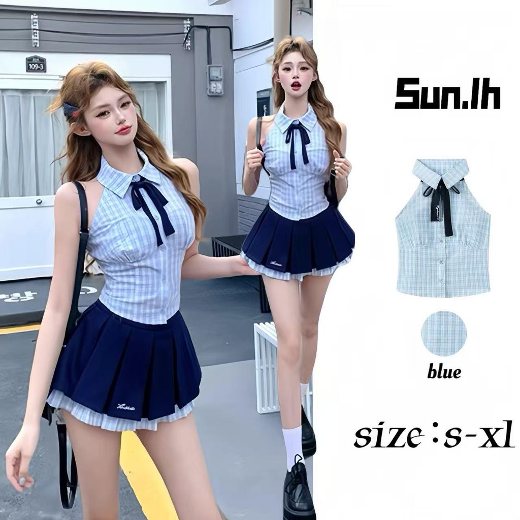 SUN🛍️พร้อมส่ง🛍️เสื้อเชิ้ตลายสก็อตสีฟ้าลายไทย สาวๆ สุดฮอต สุดน่ารัก เสื้อเชิ้ตลายสก็อตคอกว้างแขนกุด
