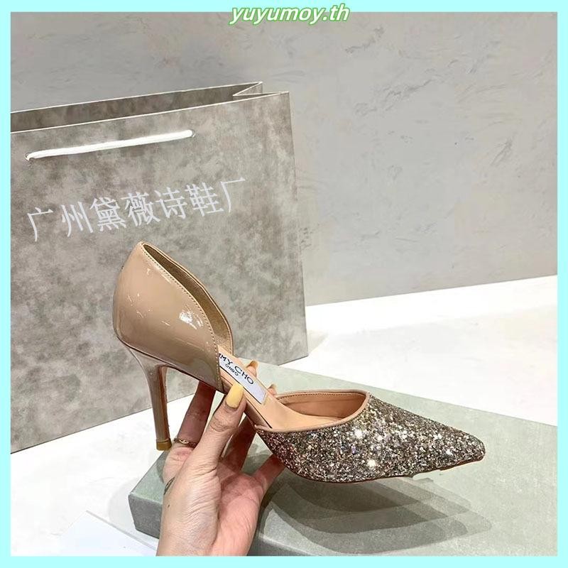 Jimmy CHOO Sequined Hollow Casual Pointed Toe รองเท้าผู้หญิง Stiletto รองเท้าส้นสูง 7 ซม.