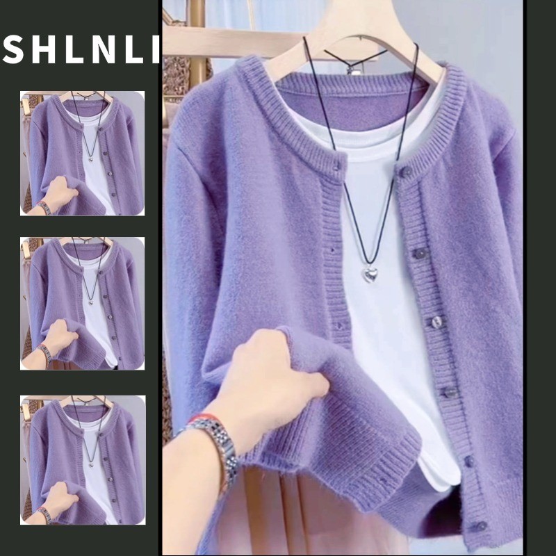 เสื้อสเวตเตอร์สำหรับผู้หญิง สีม่วง ทออย่างละเอียด มีกระดุมแถวเดียว สวมใส่ง่ายในอากาศหนาว