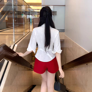 เสื้อโปโลสำหรับผู้หญิง สไตล์เกาหลี ทำจากผ้าฝ้ายและผ้าลินิน สีทึบ ดีไซน์ครึ่งแขนพร้อมเข็มขัด