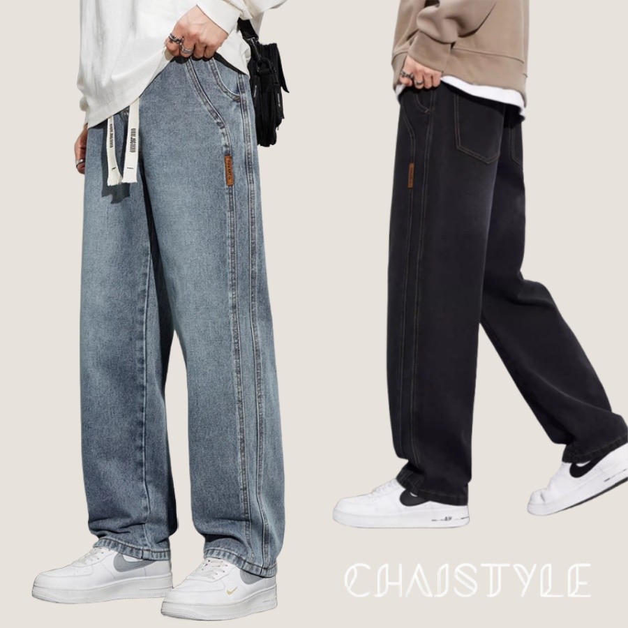 Chaistyle กางเกงยีนส์ยาวชาย ทรงกระบอกเอวสูง ใส่สบาย เอวยางยืด ปรับเอวด้วยเชือก 3สี