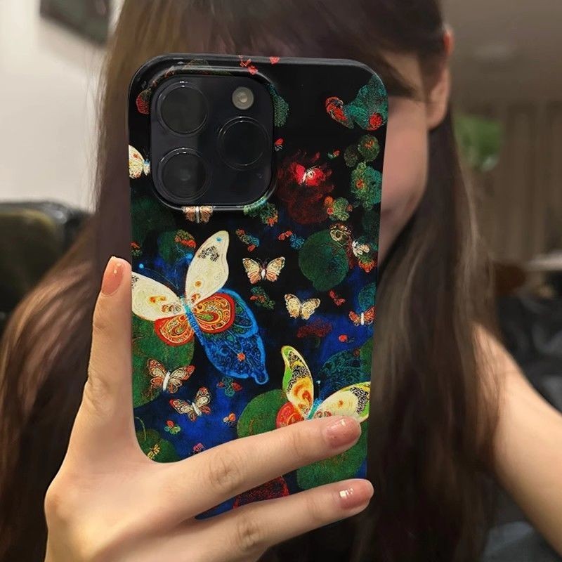 Ins รูปแบบผีเสื้อสีขัดสีดําเคสโทรศัพท์ Anti-Fall เคสโทรศัพท์สําหรับ iPhone 16 Promax 15 Promax 11 12 13 Mini 14plus 11 Pro Max X XS XR XS Max 78 7Plus