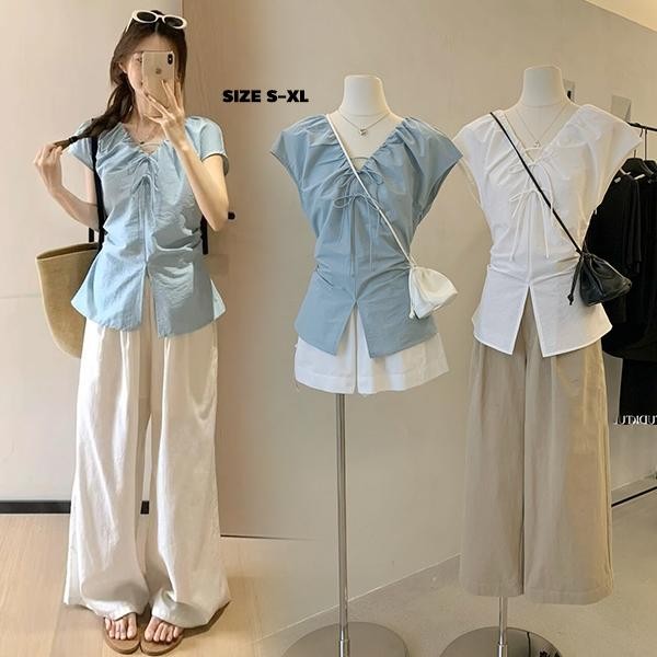 mimi&didi#เสื้อเอวลอยคอวีผูกโบว์สำหรับผู้หญิง สไตล์ฤดูร้อนใหม่ เสื้อรัดรูปและใส่ได้หลากหลาย ดีไซน์รัดเอว#99200