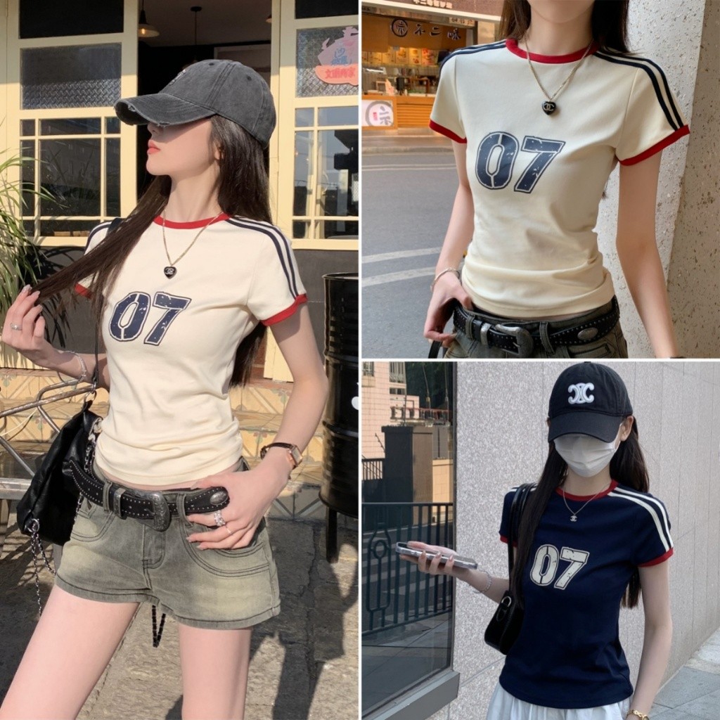 Bella shop เสื้อยืดเข้ารูป เสื้อพิมพ์ลาย สไตล์ย้อนยุคแบบอเมริกัน แขนสั้นคอกลม ใส่สบายดูผอม