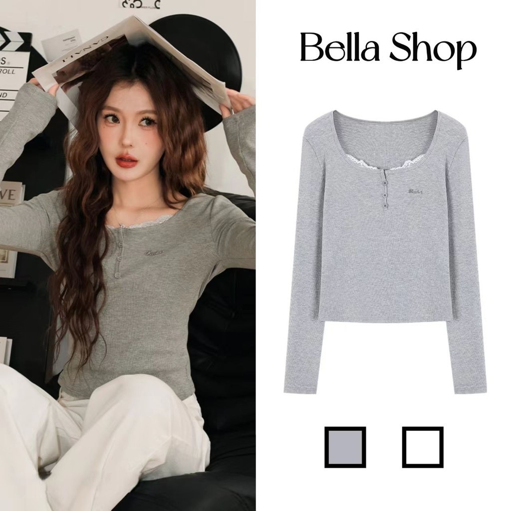 Bella shop เสื้อยืดผู้หญิงแขนยาวเย็บลูกไม้สไตล์เกาหลี เสื้อยืดแขนยาวติดกระดุมทรงสลิมฟิต สไตล์เรียบง่าย สไตล์ลำลอง