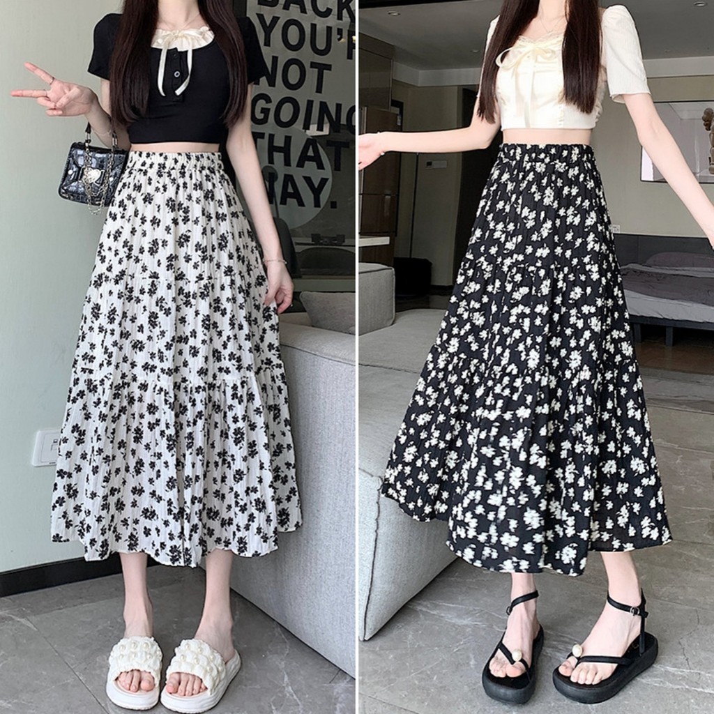 Bella shop กระโปรงยาวลายดอกไม้ กระโปรงทรงเอเอวสูง A-Line สไตล์เกาหลีเรียบง่าย ทรงเข้ารูป ผ้าเนื้อนุ่ม สวมใส่สบาย