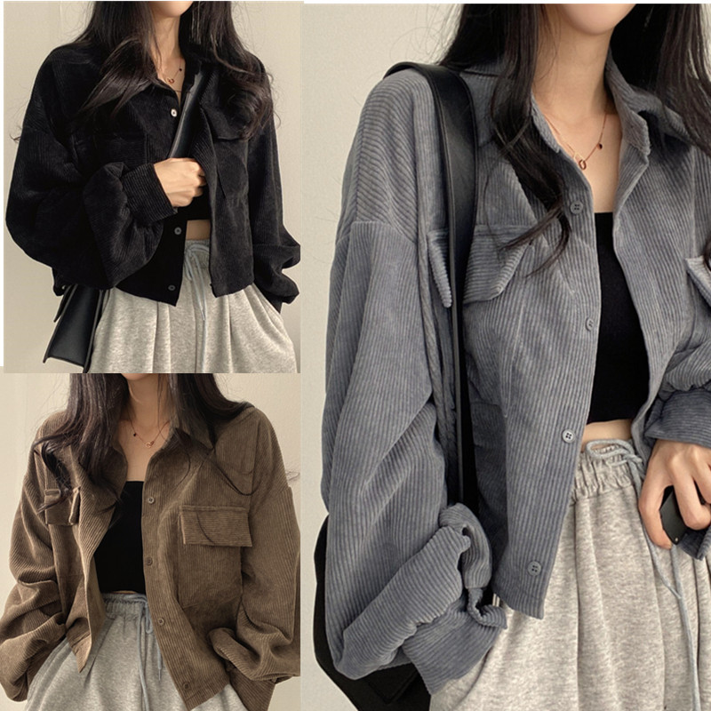 Chili Koko เสื้อครอป แขนยาว แขนพอง กระเป๋าคู่ ผ้าลูกฟูก ทรงน่ารักมาก ผ้าดี ใส่สบาย ดีเทลเก๋ๆ w273