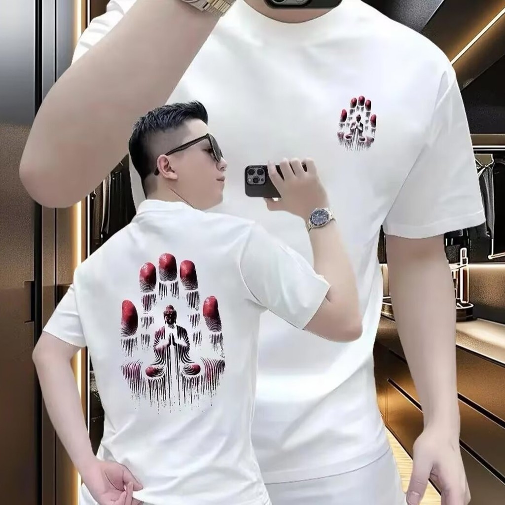 COD 2025 American Style Heavyweight Pure Cotton Short Sleeve - Fingerprint Buddha Loose Versatile Cr